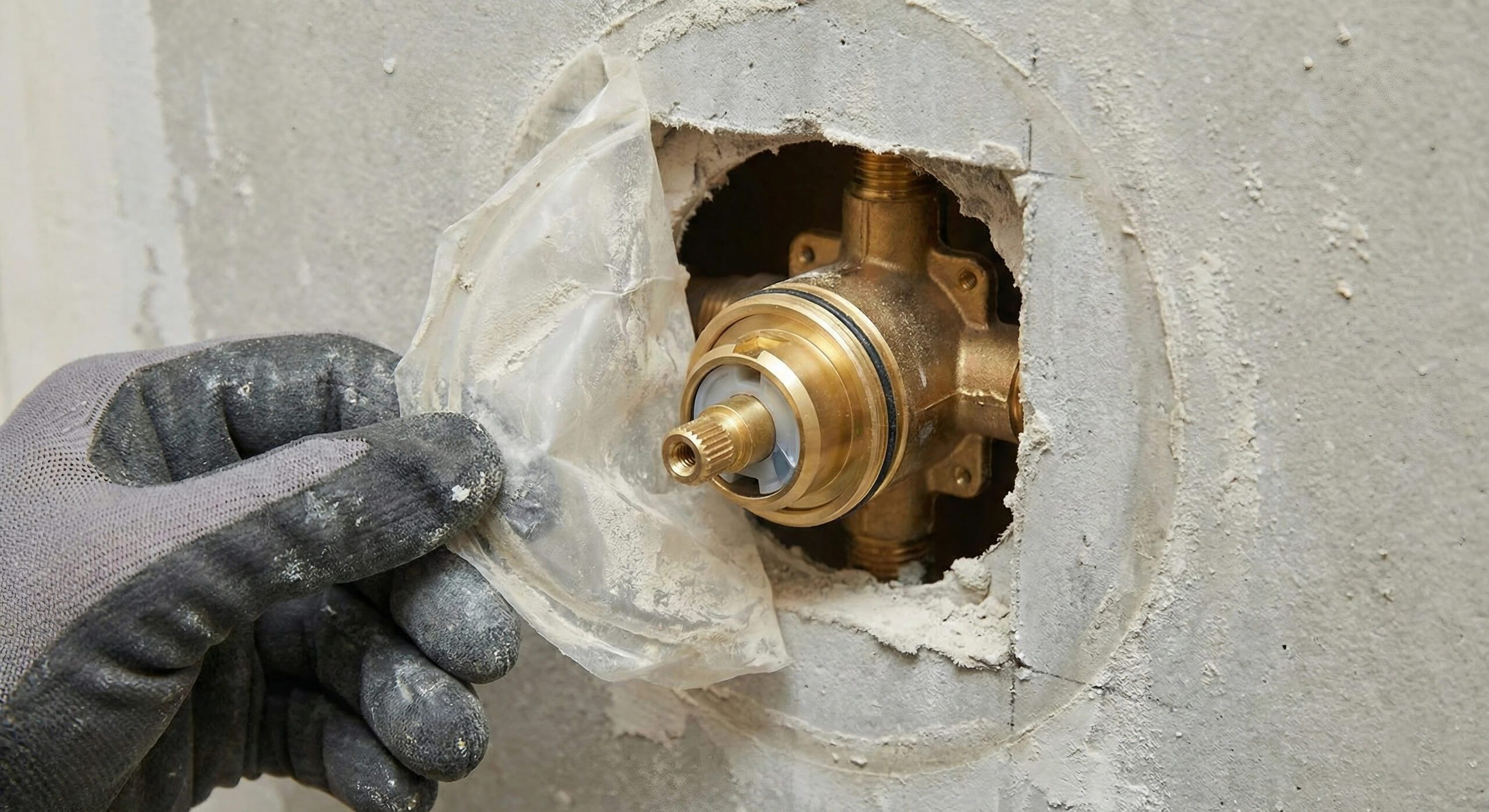 A gloved hand holds plastic sheeting away from a brass plumbing valve installed in a hole in a concrete wall., Plumber testing water flow at a kitchen fixture inside a Shalimar - FL home