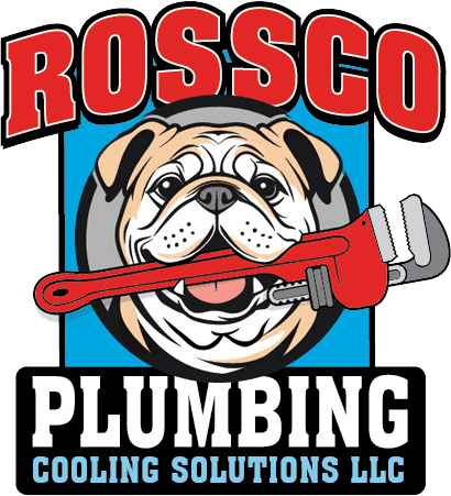 Logo for Rossco Plumbing Cooling Solutions LLC featuring a cartoon bulldog with a red pipe wrench in its mouth.
