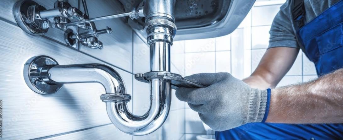 A plumber wearing gloves uses a wrench to tighten a metal pipe under a sink in a tiled bathroom., Plumber in Escambia County - FL repairing a kitchen sink drain beneath a residential countertop