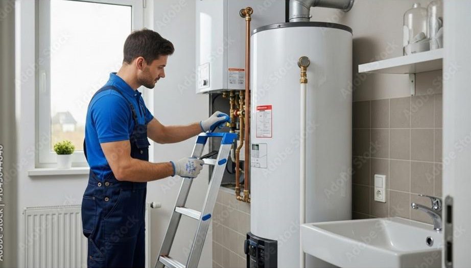 A man in work overalls stands on a ladder inspecting a water heater in a home utility room next to a sink., Plumber in Pensacola - FL shutting off a leaking water line beneath a bathroom vanity, Plumber checking under-sink connections in a Gulf Breeze - FL home near a coastal kitchen wall