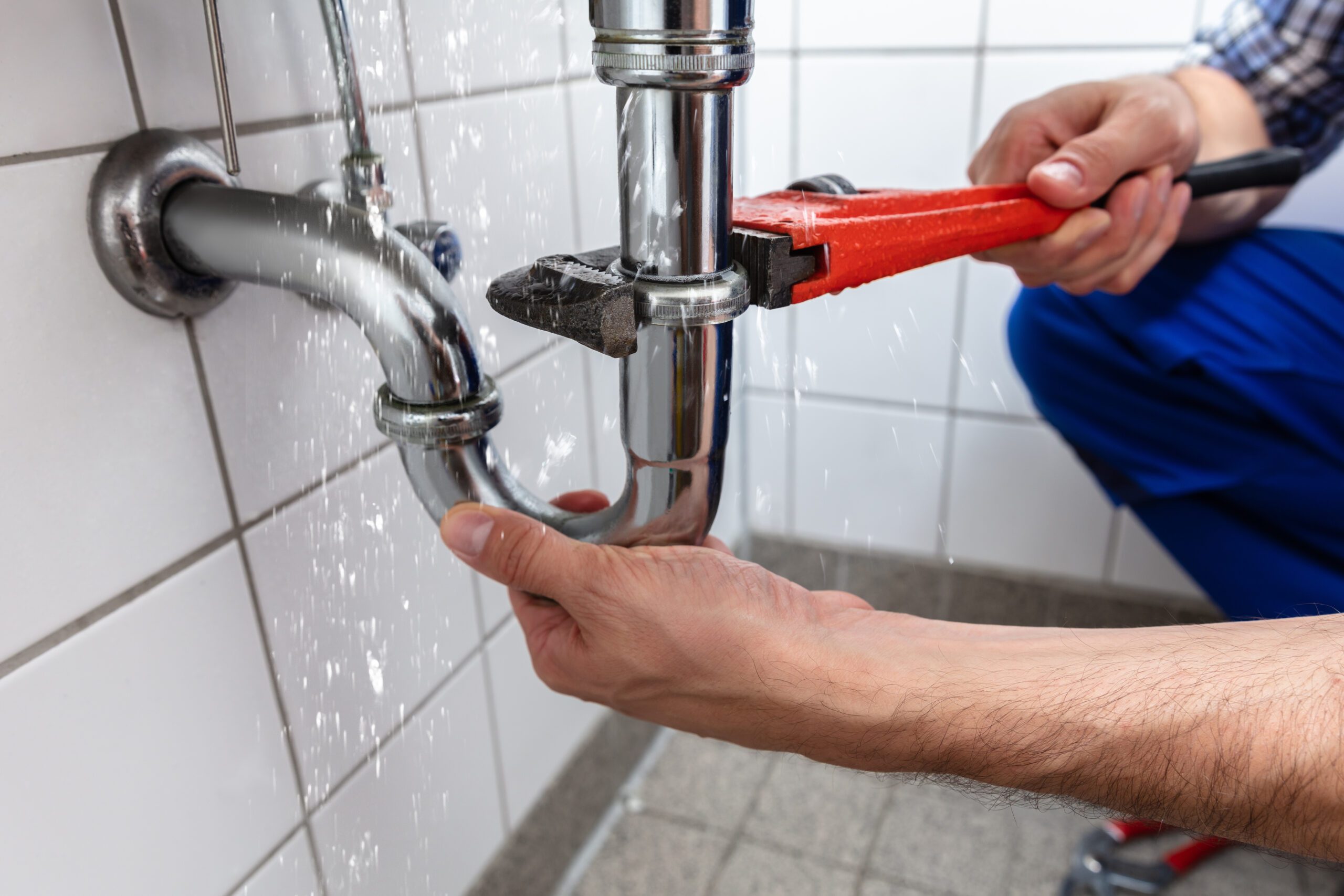 A person using a wrench to repair a leaking pipe under a sink, with water spraying out onto tiled walls and floor., Skilled plumber testing water flow at a Santa Rosa County - FL home sink line