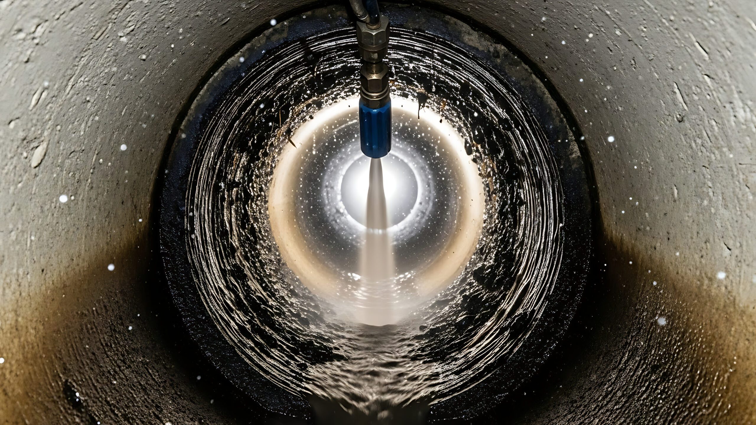 A high-pressure water jet cleans the inside of a large, cylindrical pipe, removing dirt and debris from the inner walls., Plumber testing water pressure and inspecting supply lines inside a Niceville - FL home, Plumber in Mary Esther - FL tightening a supply connection beneath a kitchen sink
