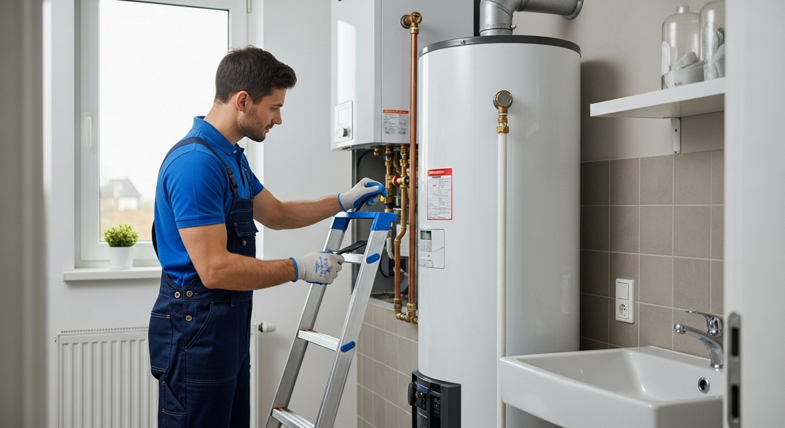 A plumber in blue overalls stands on a step ladder and inspects a water heater in a modern bathroom., Plumber in Navarre - FL inspecting shutoff valves beneath a kitchen sink during a repair, Plumber in Pace - FL repairing a kitchen sink drain beneath a residential countertop