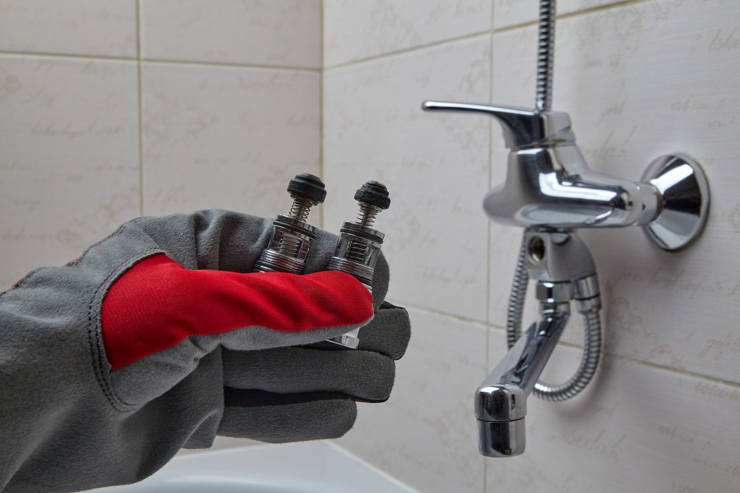 A gloved hand holds two faucet valves near a chrome wall-mounted bathroom faucet and tiled wall., Plumber in Okaloosa County - FL inspecting pipes beneath a kitchen sink during a service visit