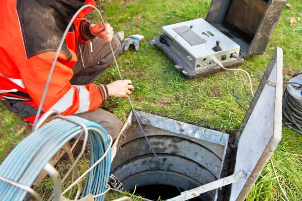 Drain cleaning specialist inspecting a slow laundry drain inside a Cantonment - FL utility room